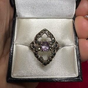 Ring Marcasite Amethyst 925 Sterling Silver Vintage Cut Out Design
